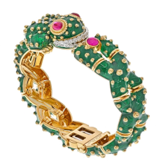 David Webb PLATINUM 18K YELLOW GOLD GREEN ENAMEL DIAMOND AND RUBY FROG BRACELET - 2732041