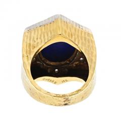 David Webb PLATINUM 18K YELLOW GOLD HAMMERED FINISH CARVED LAPIS AND DIAMOND FRAME RING - 2979202