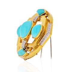 David Webb PLATINUM 18K YELLOW GOLD TURQUOISE DIAMONDS HAMMERED FINISH BROOCH - 1767212