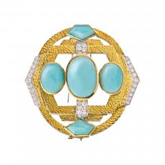 David Webb PLATINUM 18K YELLOW GOLD TURQUOISE DIAMONDS HAMMERED FINISH BROOCH - 1768547