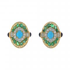 David Webb PLATINUM 18K YELLOW GOLD TURQUOISE EMERALD AND DIAMOND CLIP EARRINGS - 3149628