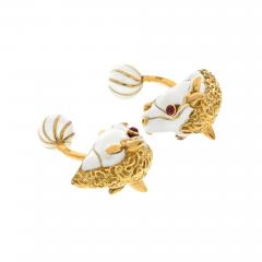 David Webb PLATINUM 18K YELLOW GOLD WHITE ENAMEL BULL WITH RUBY EYES CUFF LINKS - 3423452