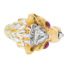 David Webb PLATINUM 18K YELLOW GOLD WHITE ENAMEL DIAMOND HEAD RUBY EYE LION RING - 3697204