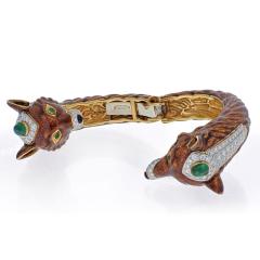 David Webb PLATINUM 18K YG DOUBLE HEAD GREEN EMERALD ENAMEL DIAMOND FOX BRACELET - 2281856