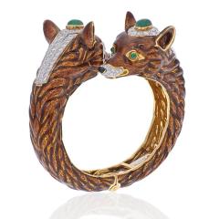 David Webb PLATINUM 18K YG DOUBLE HEAD GREEN EMERALD ENAMEL DIAMOND FOX BRACELET - 2281858