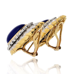 David Webb Platinum 18K Yellow Gold Cabochon Pear Shaped Lapis And Diamond Clip Earrings - 3888314