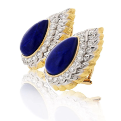 David Webb Platinum 18K Yellow Gold Cabochon Pear Shaped Lapis And Diamond Clip Earrings - 3888319