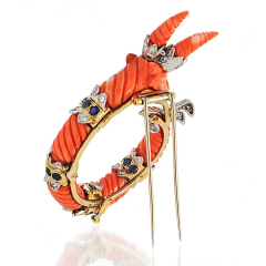 David Webb Platinum 18K Yellow Gold Carved Coral Mountain Goat Capricorn Brooch - 3992117