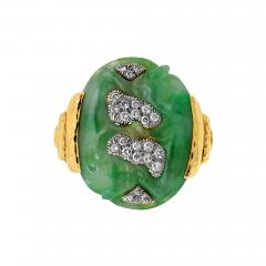 David Webb Platinum 18K Yellow Gold Carved Panther Jade And Diamond Statement Ring - 3959176