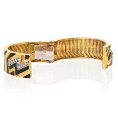 David Webb Platinum 18K Yellow Gold Stripe Black Enamel Diamond Zig Zag Bracelet - 4002860