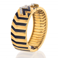 David Webb Platinum 18K Yellow Gold Stripe Black Enamel Diamond Zig Zag Bracelet - 4002872