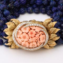 David Webb Signed David Webb Lapis Lazuli Torsade w 18k Gold Carved Coral Floral Motif - 4792711