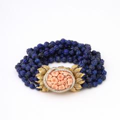 David Webb Signed David Webb Lapis Lazuli Torsade w 18k Gold Carved Coral Floral Motif - 4792714