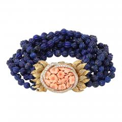 David Webb Signed David Webb Lapis Lazuli Torsade w 18k Gold Carved Coral Floral Motif - 4793128