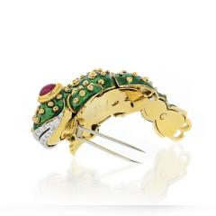 David Webb TADPOLE PLATINUM 18K YELLOW GOLD GREEN ENAMEL RUBY EYES DIAMOND LIPS BROOCH - 1767168