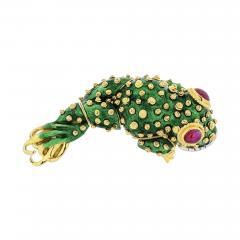 David Webb TADPOLE PLATINUM 18K YELLOW GOLD GREEN ENAMEL RUBY EYES DIAMOND LIPS BROOCH - 1768559