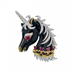 David Webb UNICORN PLATINUM 18K YELLOW GOLD UNICORN BLACK ENAMEL RUBY DIAMONDS BROOCH - 1788323