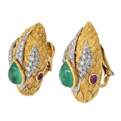 David Webb VINTAGE PLATINUM 18K YG SNAKE GREEN EMERALD RUBY DIAMOND CLIP ON EARRINGS - 3078170