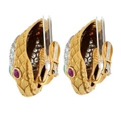 David Webb VINTAGE PLATINUM 18K YG SNAKE GREEN EMERALD RUBY DIAMOND CLIP ON EARRINGS - 3078171