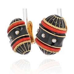 David Webb WEBB 18K YELLOW GOLD BLACK ENAMEL DIAMOND AND CORAL BARREL SHAPED EARRINGS - 2345888