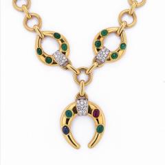 David Webb WEBB 18K YELLOW GOLD CELTIC CRESCENT EMERALD RUBY AND DIAMOND CHAIN NECKLACE - 2345857