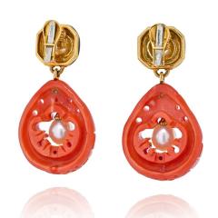 David Webb WEBB PLATINUM 18K YELLOW GOLD CULTURED PEARL CORAL AND ENAMEL CLIP EARRINGS - 2594978