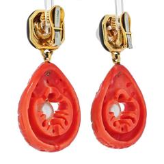 David Webb WEBB PLATINUM 18K YELLOW GOLD CULTURED PEARL CORAL AND ENAMEL CLIP EARRINGS - 2594979