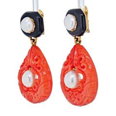 David Webb WEBB PLATINUM 18K YELLOW GOLD CULTURED PEARL CORAL AND ENAMEL CLIP EARRINGS - 2594980