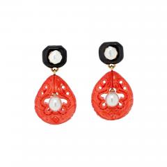 David Webb WEBB PLATINUM 18K YELLOW GOLD CULTURED PEARL CORAL AND ENAMEL CLIP EARRINGS - 2596306