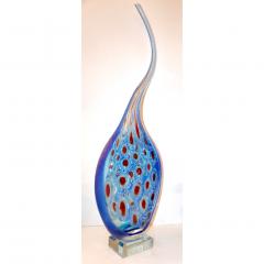 Davide Dona Dona Modern Art Murano Glass Sapphire Blue Sculpture Vase with Red White Murrine - 2325540