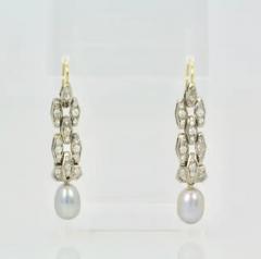 Deco Diamond Pearl Drop Earrings Platinum and 14 Karat Gold - 3449043