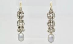 Deco Diamond Pearl Drop Earrings Platinum and 14 Karat Gold - 3449046