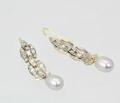 Deco Diamond Pearl Drop Earrings Platinum and 14 Karat Gold - 3449047