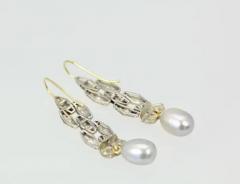 Deco Diamond Pearl Drop Earrings Platinum and 14 Karat Gold - 3449049