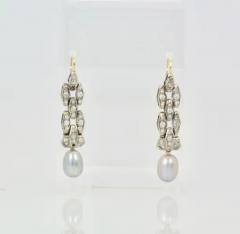 Deco Diamond Pearl Drop Earrings Platinum and 14 Karat Gold - 3449051