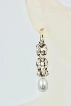 Deco Diamond Pearl Drop Earrings Platinum and 14 Karat Gold - 3449140