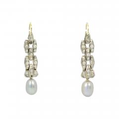 Deco Diamond Pearl Drop Earrings Platinum and 14 Karat Gold - 3493418