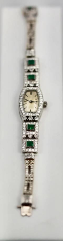 Deco Emerald Diamond Platinum Ladies Strap Watch - 3451407