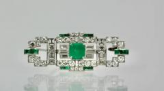 Deco Platinum Emerald Diamond Brooch - 3449073