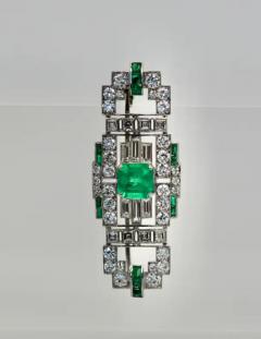 Deco Platinum Emerald Diamond Brooch - 3449097