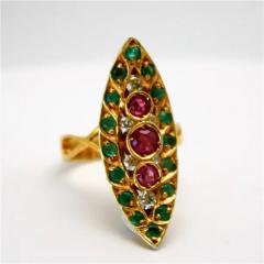 Deco Ruby Emerald Diamond Pagoda Ring 18 Karat - 3448911