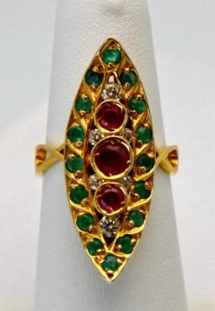 Deco Ruby Emerald Diamond Pagoda Ring 18 Karat - 3448912