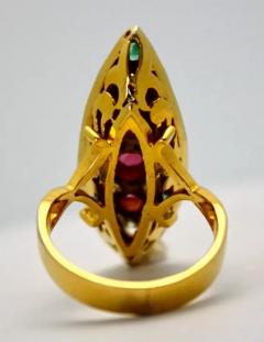 Deco Ruby Emerald Diamond Pagoda Ring 18 Karat - 3448952