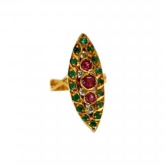 Deco Ruby Emerald Diamond Pagoda Ring 18 Karat - 3482385