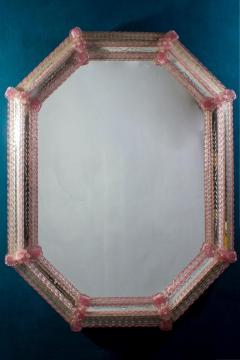 Delicate Midcentury Octagonal Venetian Pink Murano Glass Mirror - 3051518