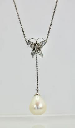 Diamond Butterfly Necklace Drop Pearl 18 Karat - 3448739