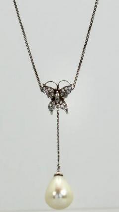 Diamond Butterfly Necklace Drop Pearl 18 Karat - 3448742