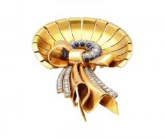 Diamond Sapphire Bonnet Hat and Ribbon Brooch in 18K Rose Yellow Gold - 3509864