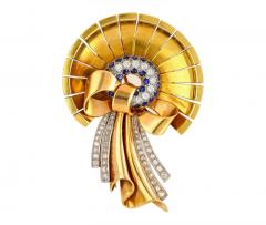 Diamond Sapphire Bonnet Hat and Ribbon Brooch in 18K Rose Yellow Gold - 3509891