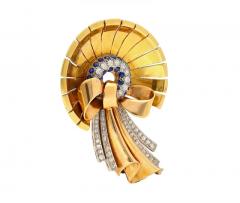 Diamond Sapphire Bonnet Hat and Ribbon Brooch in 18K Rose Yellow Gold - 3509893